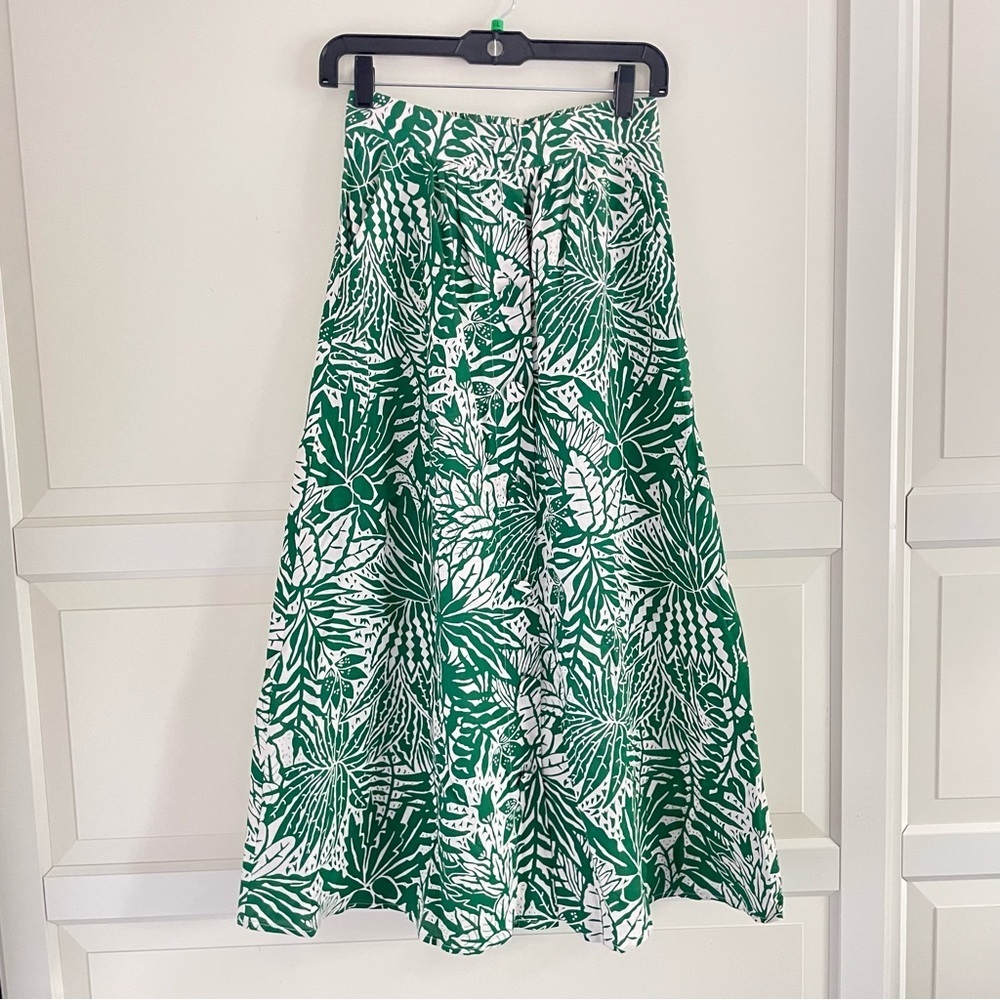 Suncoo Tropical Floral Leaf Pattern Green White Print Midi Skirt 26433
